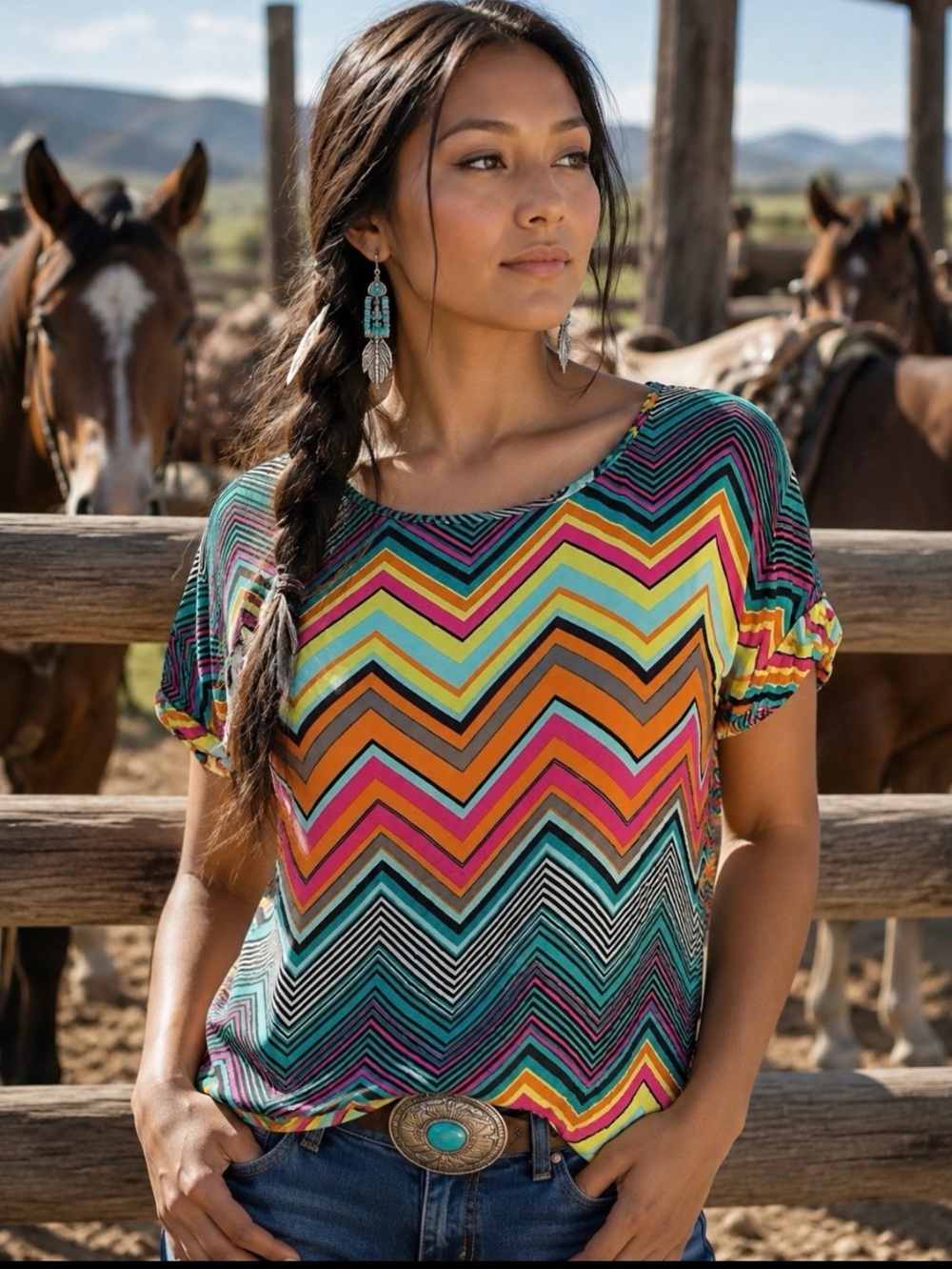 Ella Moss Boho Tribal Colorful Hippie Chevron Short-Sleeve Tunic Small